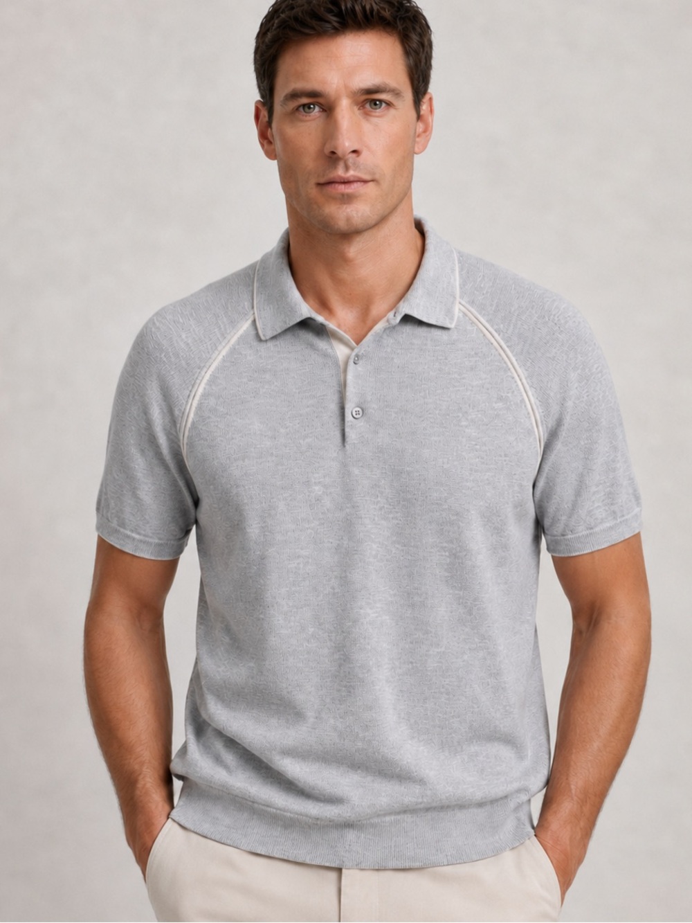 REISS Sammy Melange Knit Polo Shirt Mens XL Gray Tipped Raglan Short Sleeve